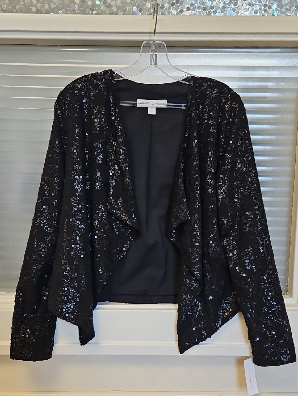 Size XS Black Long Sleeve Sequin Cluster Open Front Draped Bolero